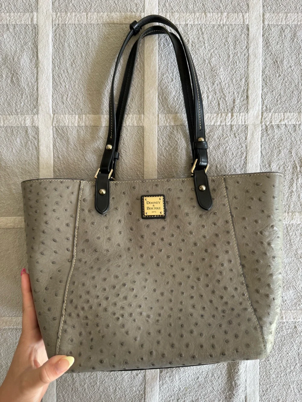 Dooney & Bourke Gray Ostrich-Embossed Tote with Black Handles